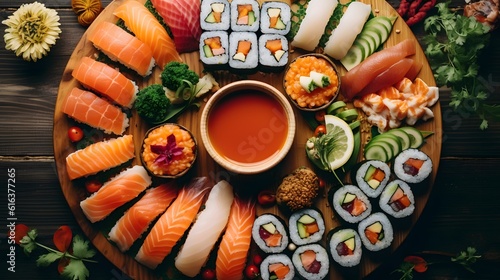 Overhead japanese sushi food.