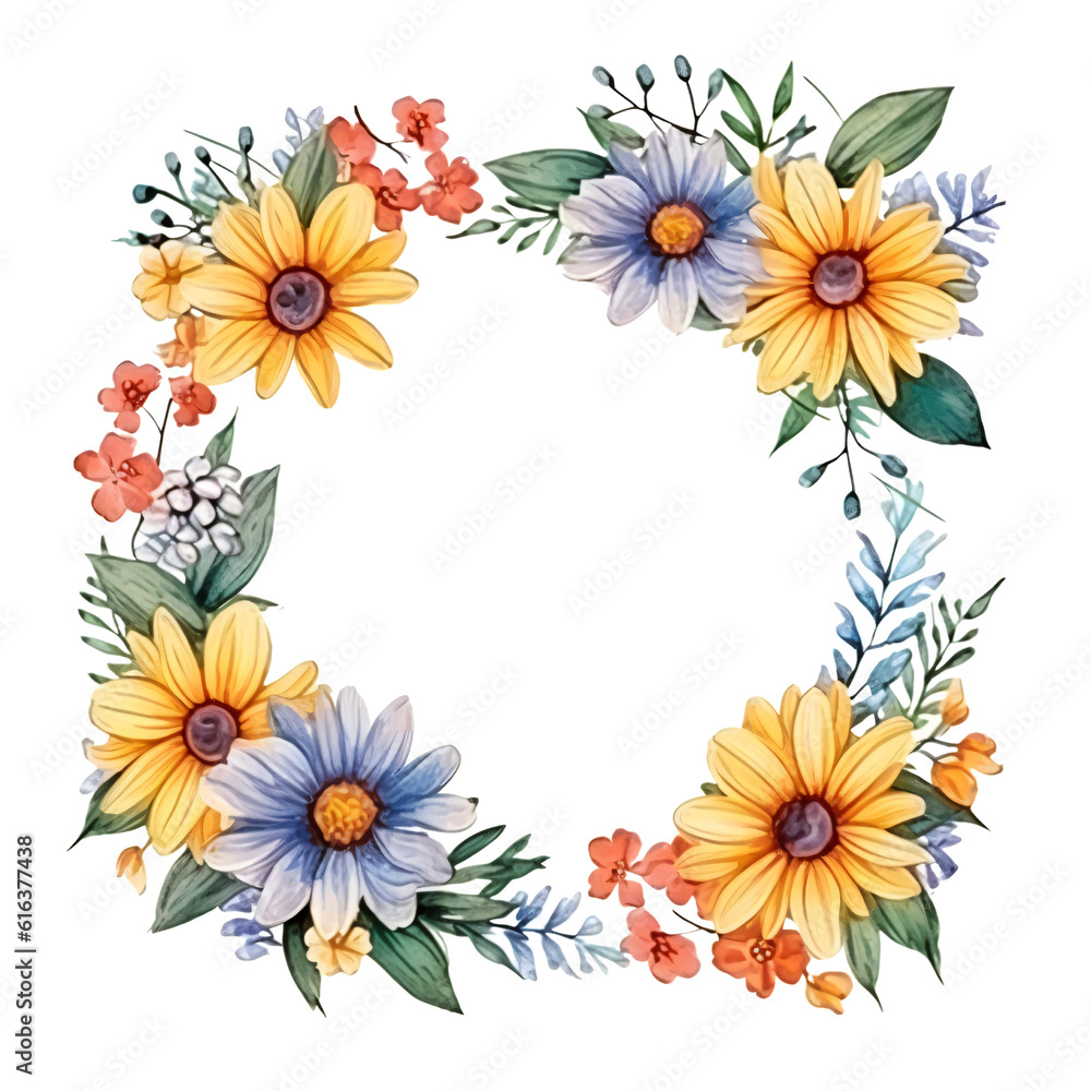 Frame of summer flowers based on generative AI Frame of summer flowers based on generative AI