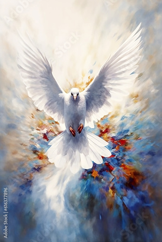 Graphic and biblical representation of the Holy Spirit in the form of a dove. AI generativ.