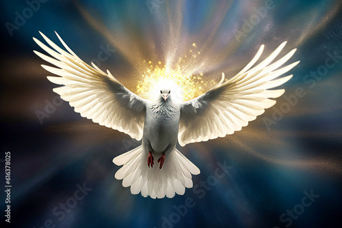 Graphic and biblical representation of the Holy Spirit in the form of a dove. AI generativ.