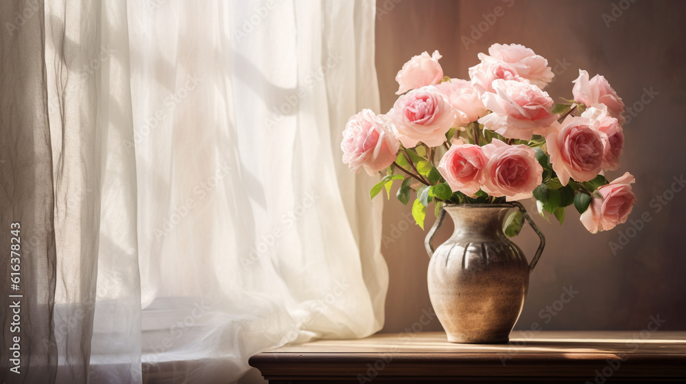 Fototapeta premium roses in vase on old table with window lighting in a morning. generative AI