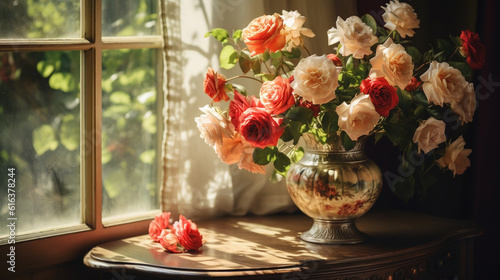 roses in vase on old table with window lighting in a morning