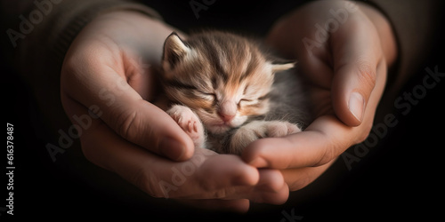 Enchanting close-up of man's hands cradling tiny slumbering kitten with soft, warm background and gentle glow from fur, conveying intimacy and serenity. Generative AI