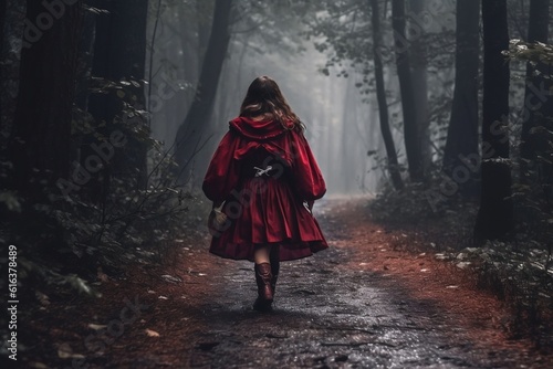 Back View of a Girl Wearing a Red Cloak Walking on a Gloomy Forest Path - Little Red Riding Hood. AI