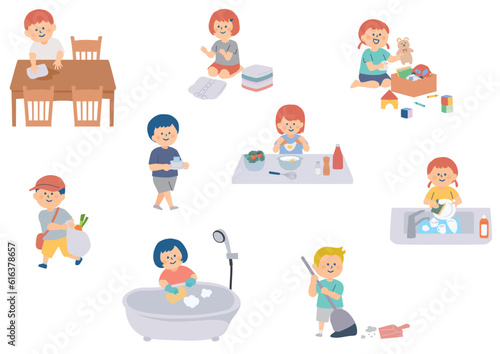 お手伝いをする子供のイラストセット