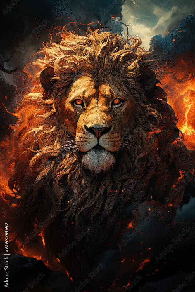 Lion of Judah, exuding strength and power. Christian conceptual illustration. AI-generated image	