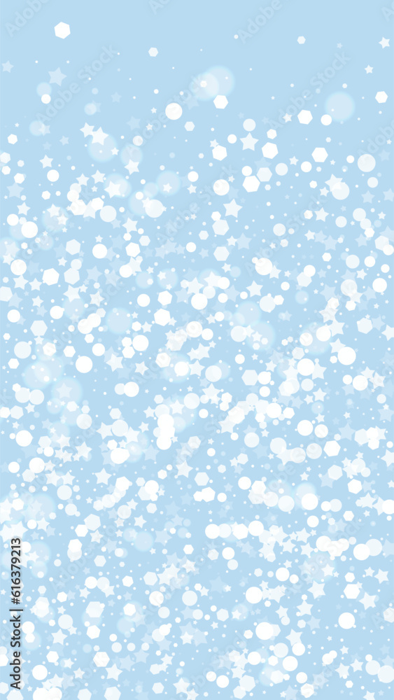 Snowy christmas background. Subtle flying snow flakes and stars on light blue winter backdrop. Delicate sweet snowy christmas. Vertical vector illustration. Snowy christmas background. Subtle flying snow flakes and stars on light blue winter backdrop. Delicate sweet snowy christmas. Vertical vector illustration.