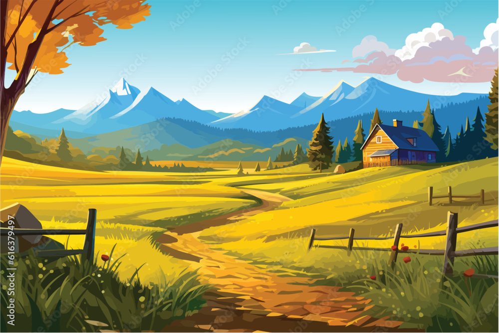 Vector landscape illustration of summer countryside nature view Stock ...