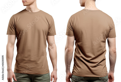 Photo realistic male beige t-shirts with copy space, front, and back view