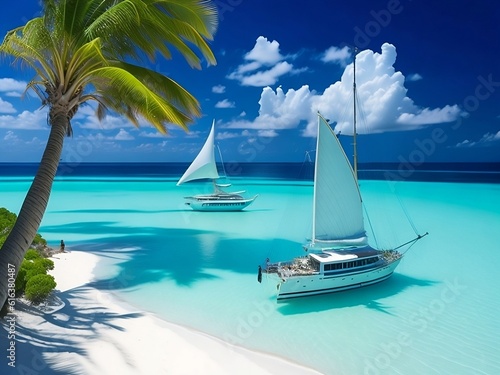 Tropical island with palm trees and longtail boat. 3d render