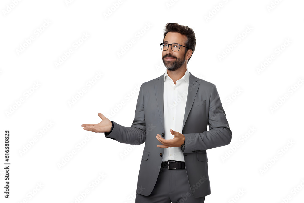 a person standing confidently with positive in a suit pointing , Portrait of successful business man who is smiling confidently against white background. young aged man a person standing confidently with positive in a suit pointing , Portrait of successful business man who is smiling confidently against white background. young aged man
