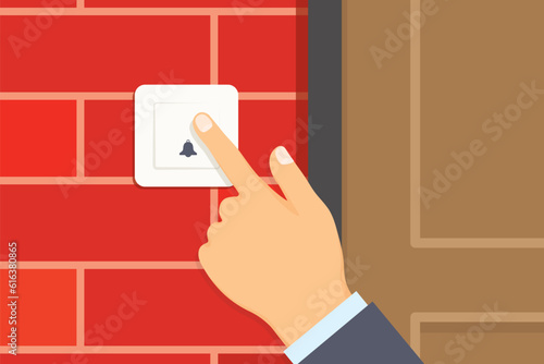 hand pressing on ringing bell near building entrance- vector illustration