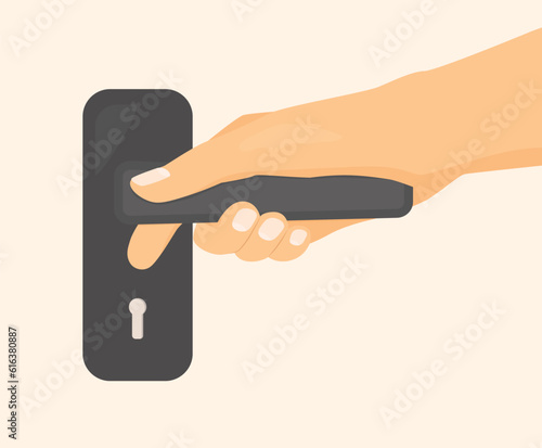 hand holding door handle; opening, closing apartment; security concept vector illustration