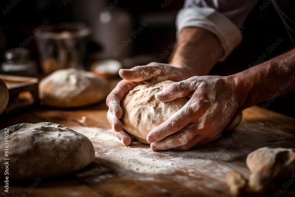 Baker's Hands Kneading Dough for Bread and Cake. AI