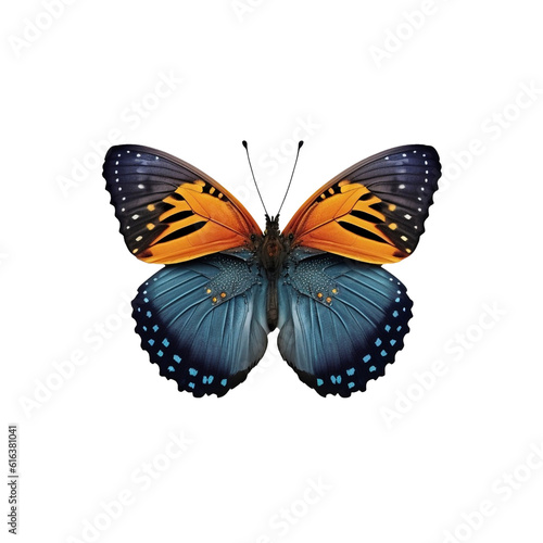 Flat lay view of the blue and orange butterfly on transparent background