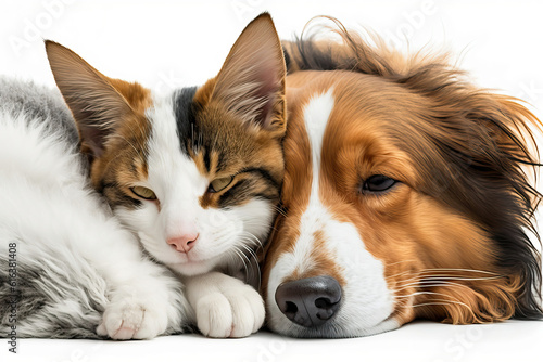 cat and dog lie with their heads side by side on a white background.Generative AI 