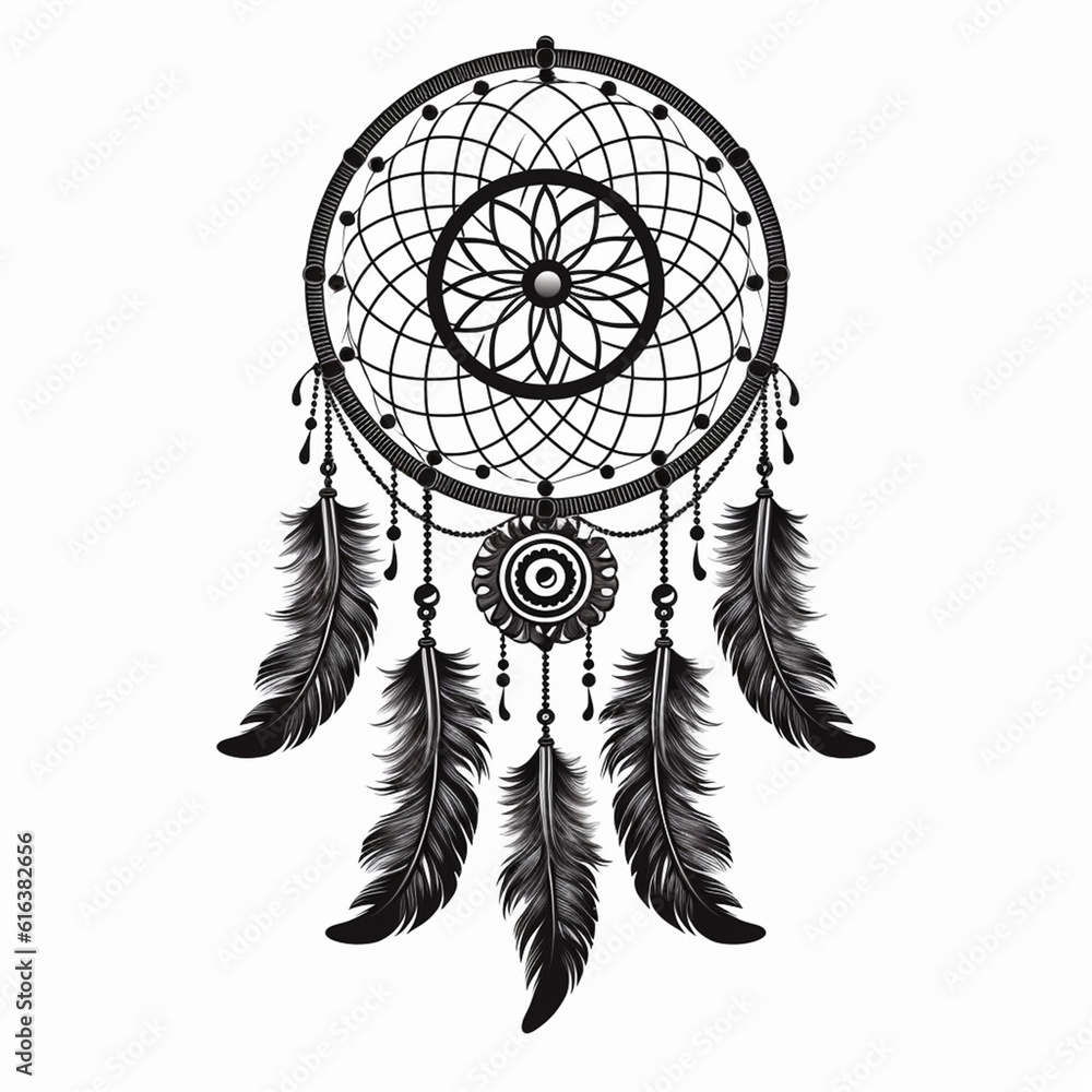 black dream catcher on white background, boho style, generative AI