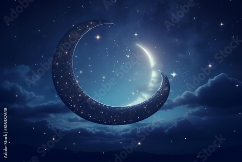 Bright Crescent Moon Illuminating the Night Sky. AI