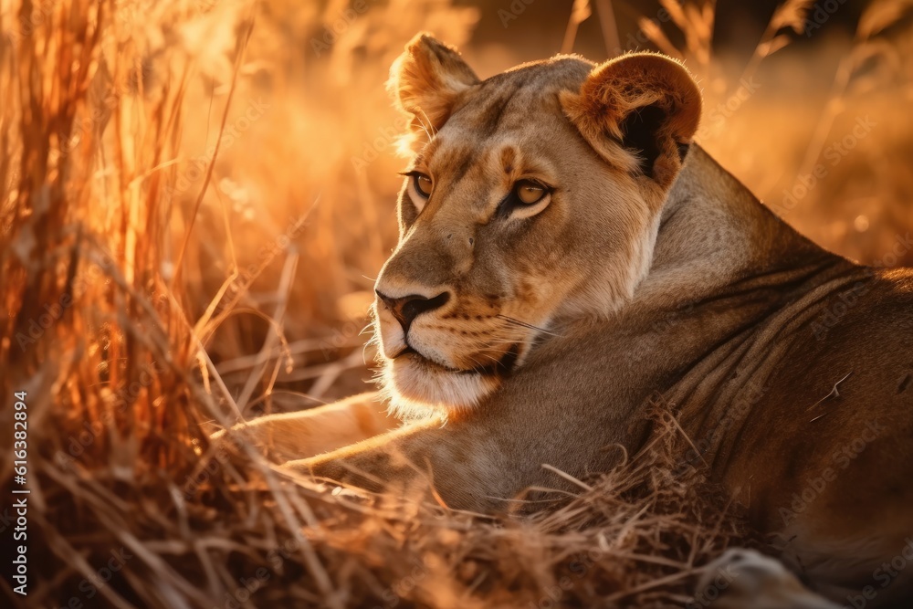 Naklejka premium African Lioness Savanna's Fearless Hunter