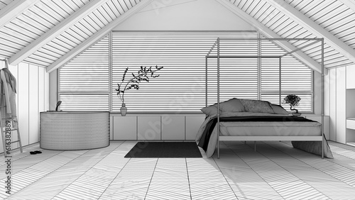 Blueprint unfinished project draft, penthouse interior design, minimal bedroom and bathroom. Sloping wooden ceiling and panoramic window. Japandi scandinavian style