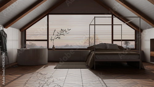 Dark late evening scene  penthouse interior design  minimal bedroom and bathroom. Sloping wooden ceiling and panoramic window. Japandi scandinavian style