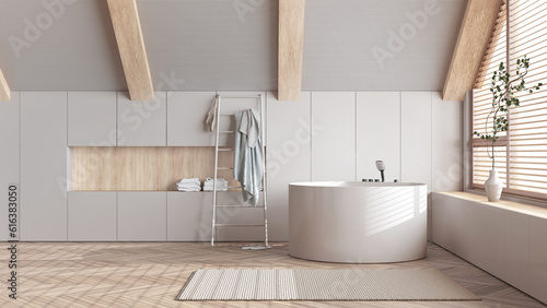 Attic interior design  minimal bleached wooden bathroom with round bathtub and panoramic window in white tones. Towels and decors. Japandi scandinavian style