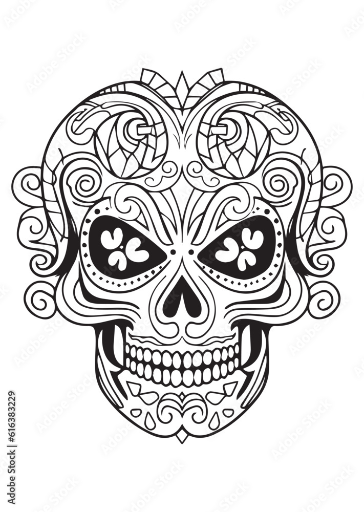 skull print,patterned skull drawing,suitable for wall art and tattoo,mexican culture