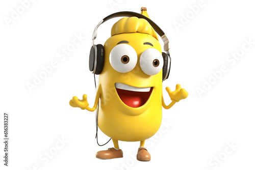 3D Cartoon Character: Cool Banana with Headphones on Transparent Background. AI