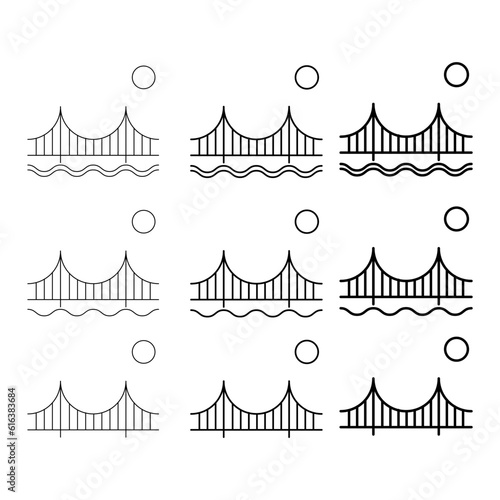 Set of Silhouette bridge icon, urban architecture design, travel line construction symbol vector illustration