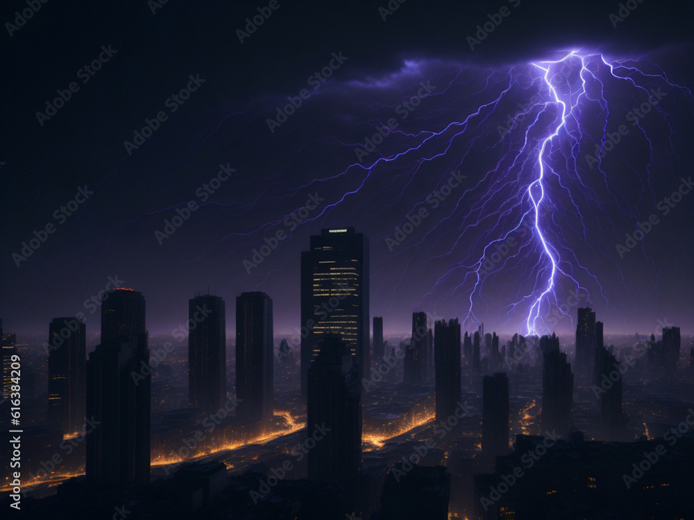 Conceptual image of lightning striking the city.