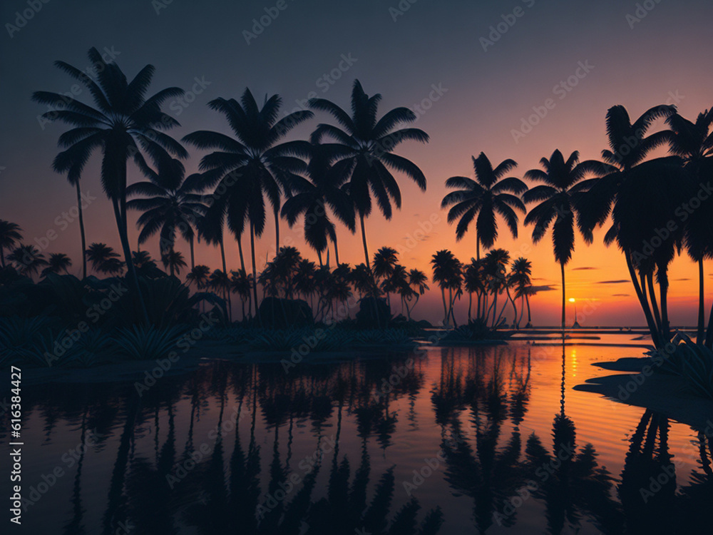 Silhouette of a palm tree with a reflection in the water.