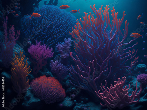 Underwater scene with corals and fish.
