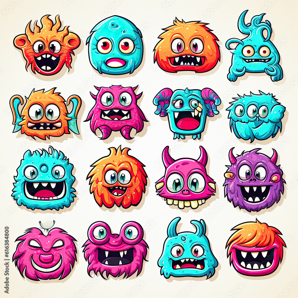 Fototapeta premium Doodle Cute Monster Sticker Icons , ai generative
