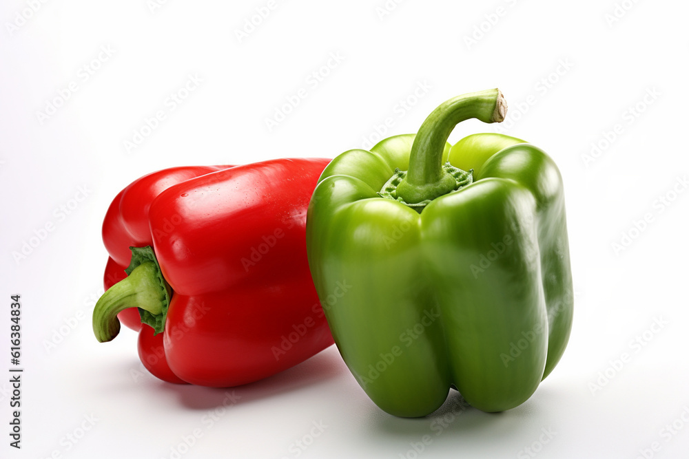 Green and red bell pepper on a white background. Fresh green and red bell pepper vegetables. Ai generative.