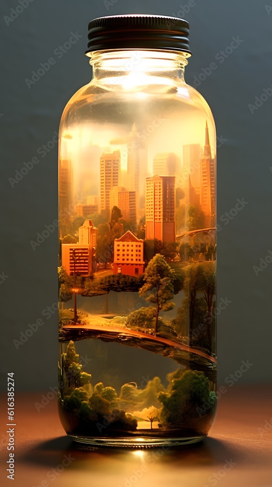 miniature city in a glass bottle