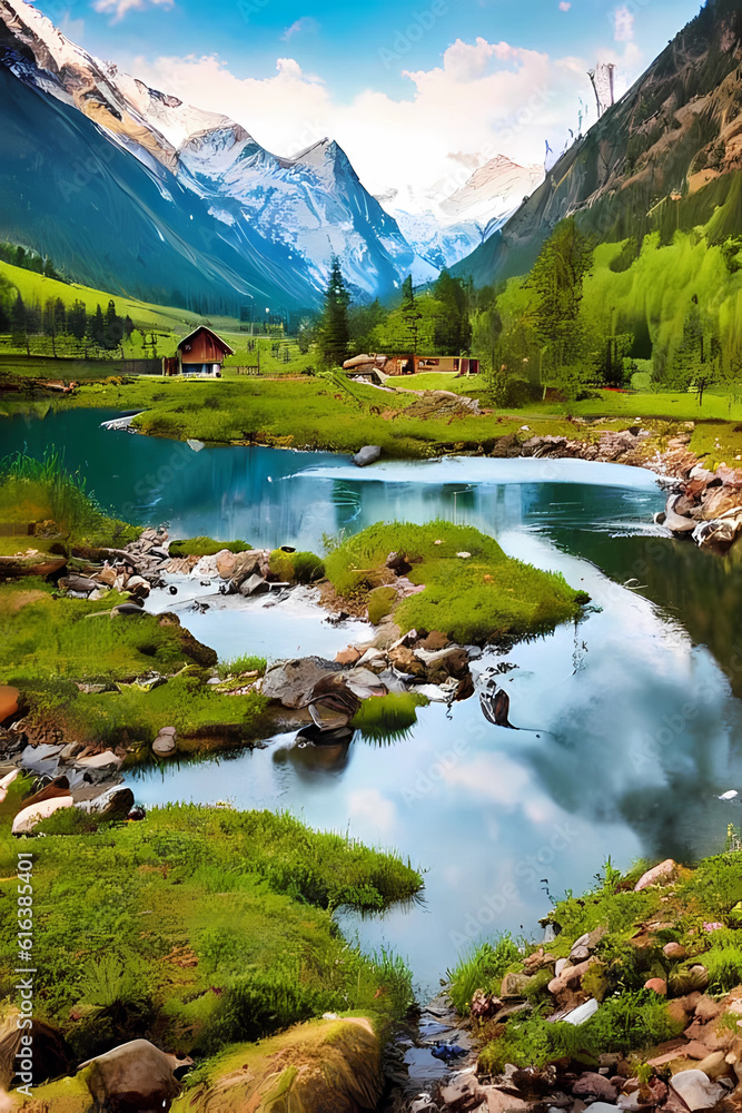 landscape with lake and mountains realistic view of nature, Ai generative
