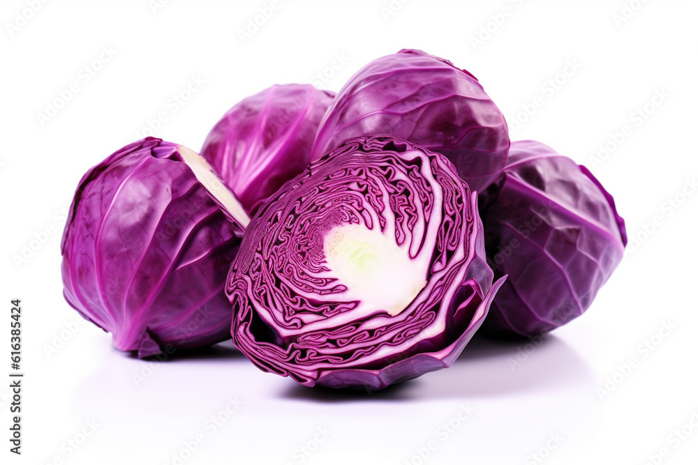 Purple cabbage on a white background. Fresh purple cabbage vegetable. Generative AI. Purple cabbage on a white background. Fresh purple cabbage vegetable. Generative AI.