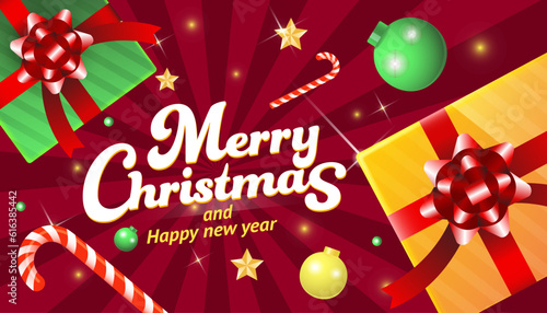 Merry Christmas Banner Vector illustration modern style with Gift box, ball and candy cane.