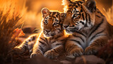 Two young tiger cubs, Panthera tigris altaica, in the wild at sunset AI Generative
