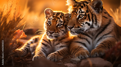Two young tiger cubs, Panthera tigris altaica, in the wild at sunset AI Generative © Thararat