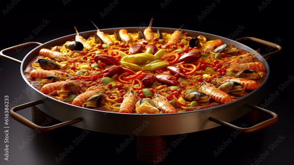 Large skillet with delicious paella on dark background, restaurant concept, healthy food Large skillet with delicious paella on dark background, restaurant concept, healthy food