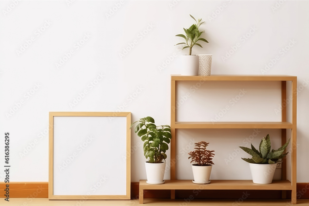 Scandinavian room interior with mock up photo frame on the brown bamboo shelf with beautiful plants in differents hipster and design pots. White walls. Modern and floral concept of shelfs