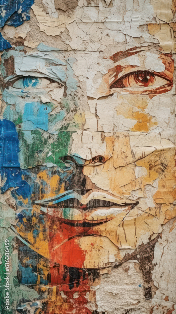Fototapeta premium Background texture and surface of torn paper in different colors on a street wall. Generative AI