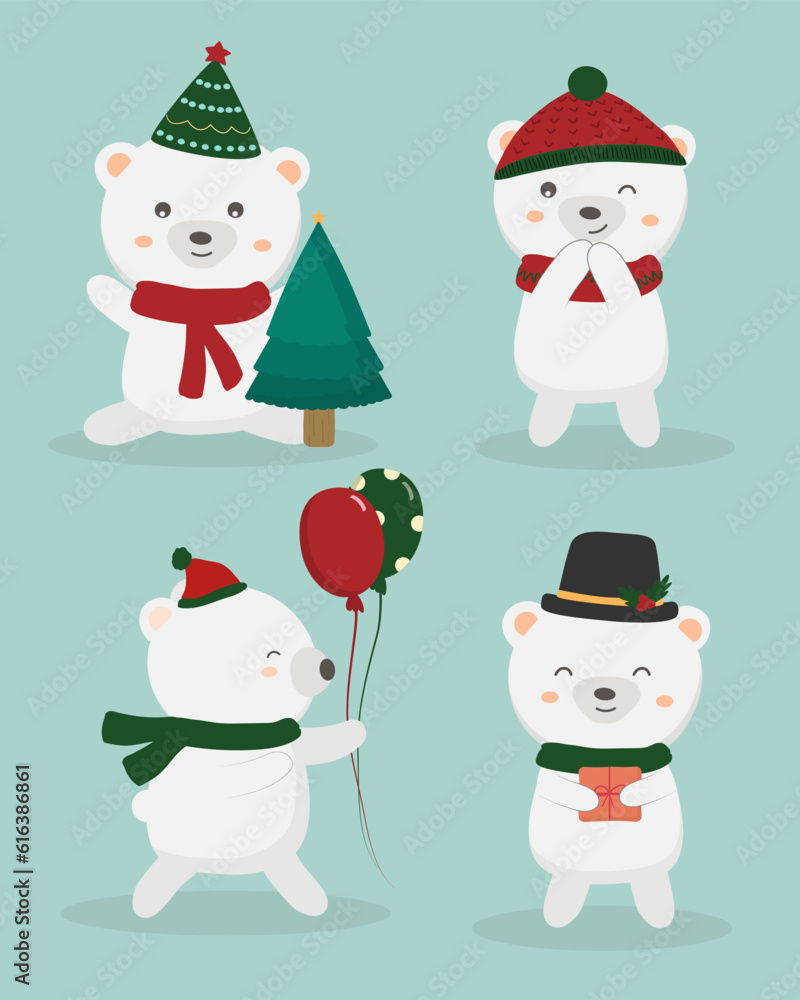 Polar bear fluffy hair fur cute cartoon kawaii funny character in christmas theme.