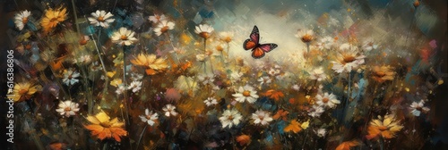 background with wildflowers and a butterfly above them. watercolor .Generative AI. 
