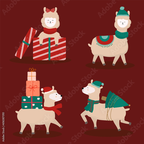Lama alpaca fluffy hair fur cute cartoon kawaii funny character in christmas theme.