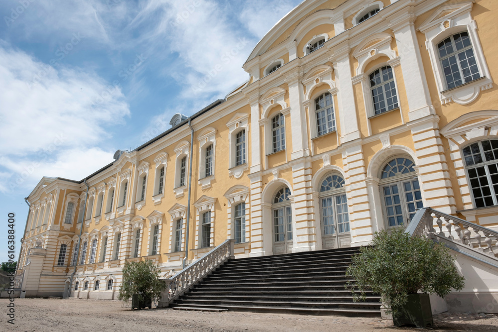 Facade of Rundale Palace in the Bauska Municipality in Latvia. Baroque yellow building