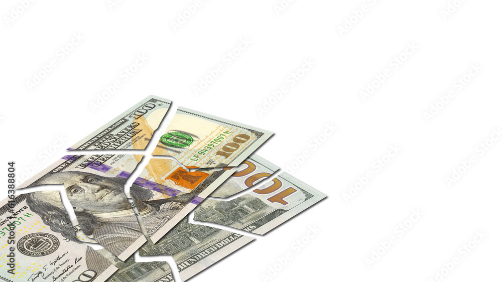 Financial illustration. American banknotes torn and split into pieces. 100 dollar bills. Sample form. Crisis, default and depression. Financial illustration. American banknotes torn and split into pieces. 100 dollar bills. Sample form. Crisis, default and depression.