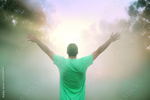 Happy young man standing in a natural sunrise with raising arms