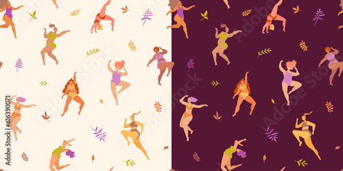 Seamless pattern Bodypositive dancing girls and various leaves.